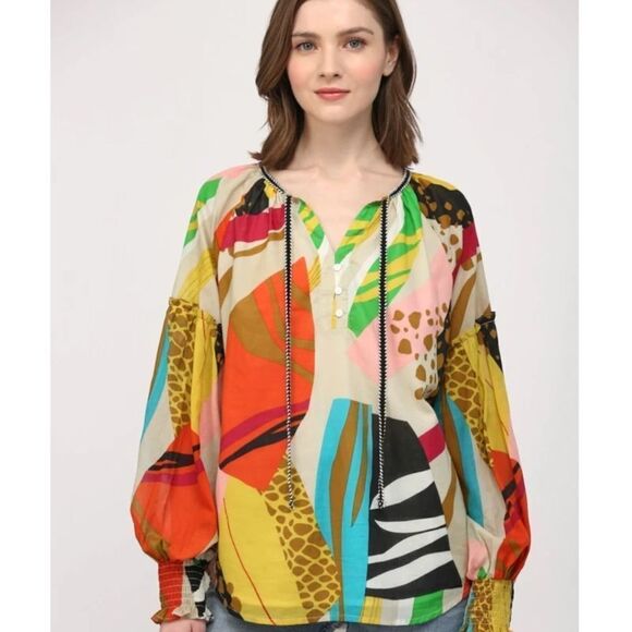 Fate Cotton Half Button Colorful Patterned Tie Blouse - Picture 1 of 11